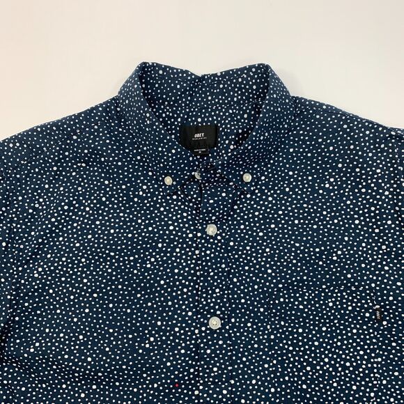 Obey Shirt Mens M Medium Navy Spotted Button Down Collar Short Sleeve Cotton - Picture 7 of 10